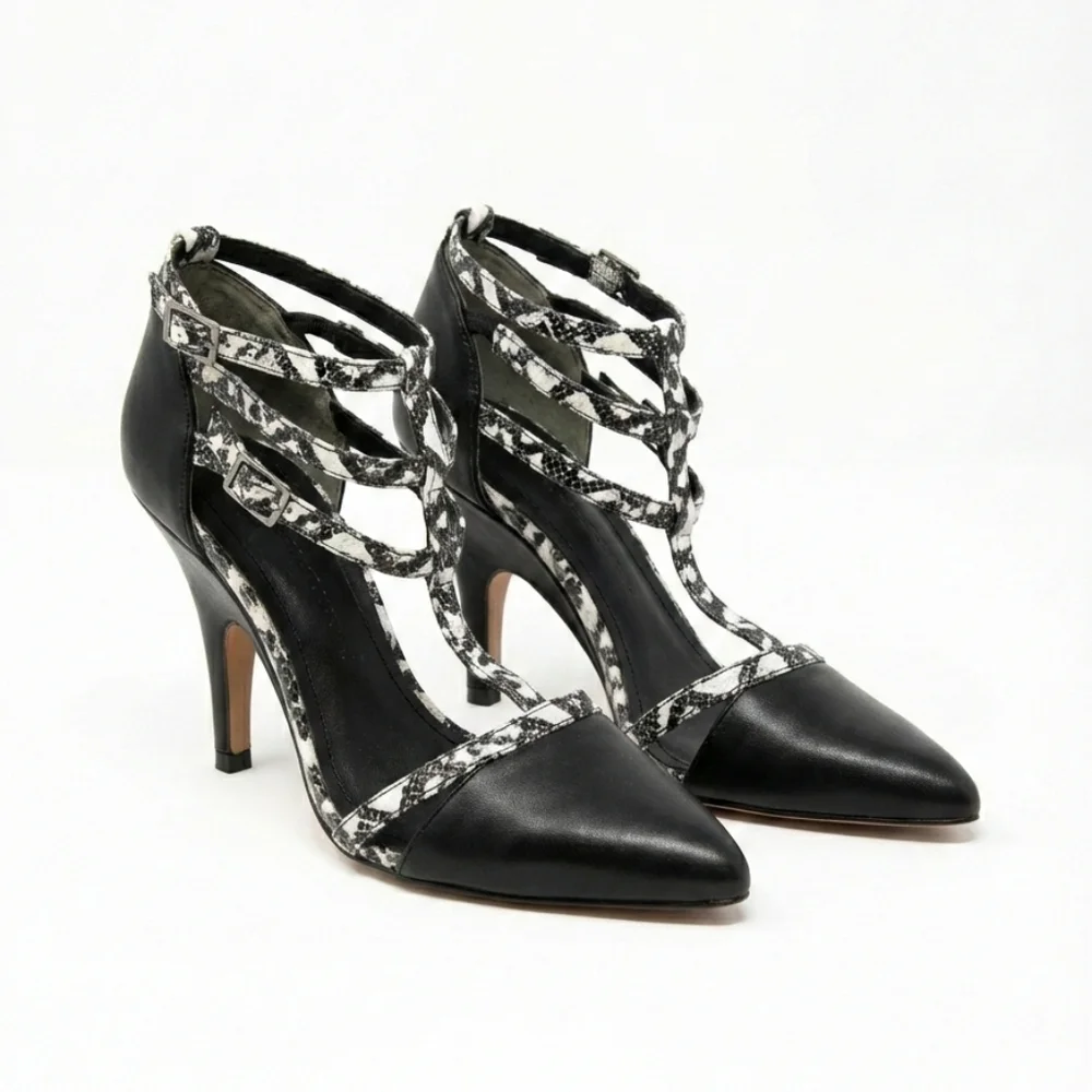 10 Crosby Derek Lam VANESSA Black Lizard Embossed T-Strap Heels 6M NWOT